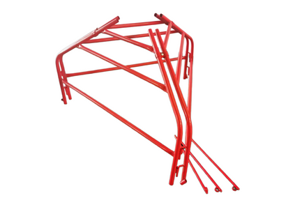 Red powder coated temporary fence panel frames stacked on white background
